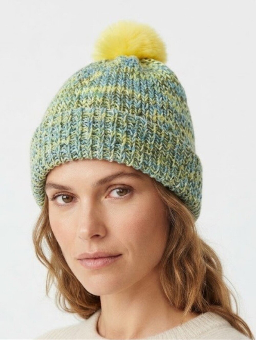 Handmade Crochet Green Reversible Beanie Adult Kids Cotton Blend Yellow Pom Pom